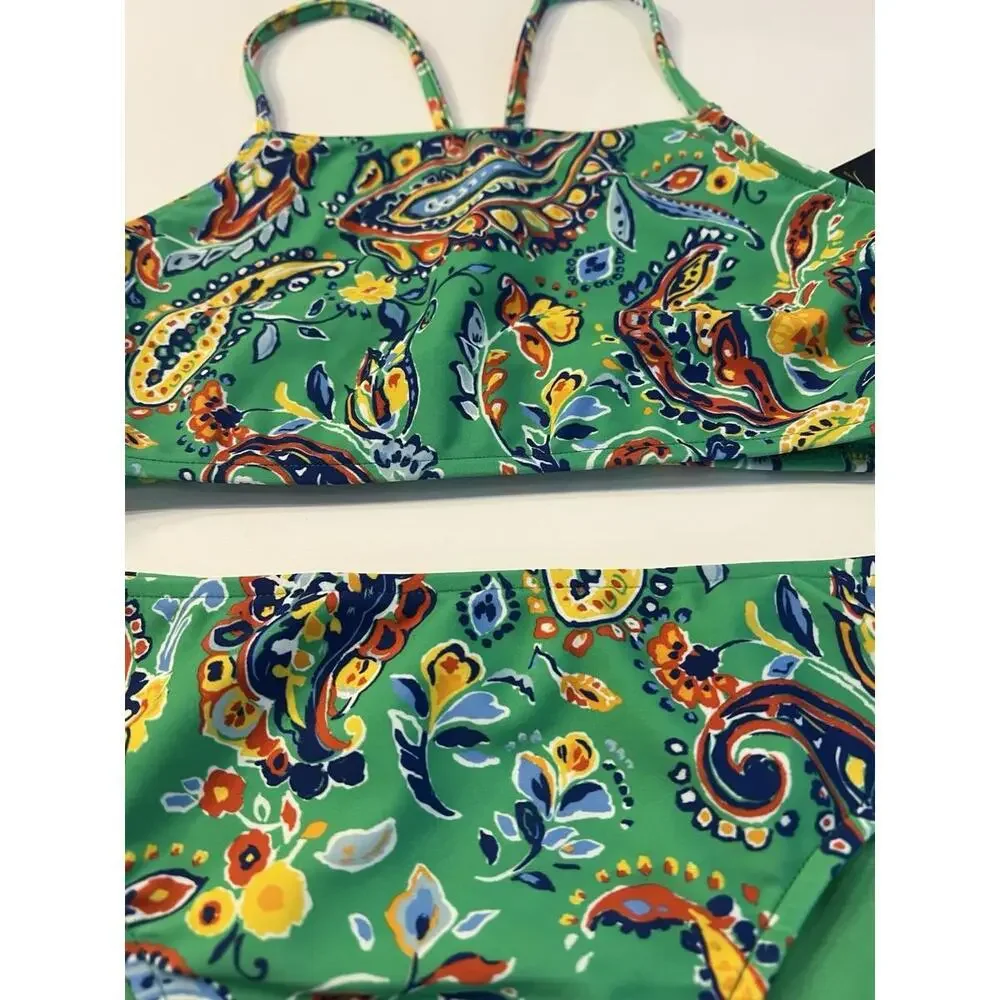 Polo Ralph Lauren Paisley-Print  2-Piece Swimsuit LGirls Green Multi Size 14